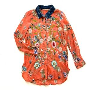 Soft Surroundings Orange Embroidered Floral Velvet Collar Long Sleeve Blouse Top